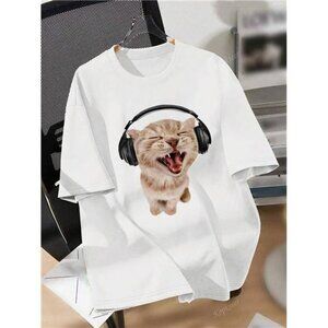 Women Solid Color Round Neck Short Sleeve Casual Loose T-Shirt With Headphone